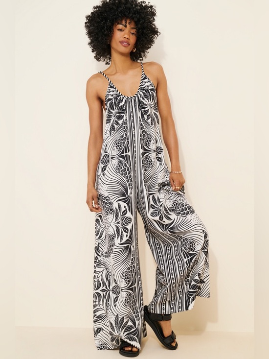 FARM Rio Pants - Farm Rio Elegance Scarf Linen Blend Wide-Leg Jumpsuit black white koi fish